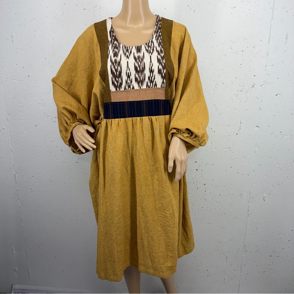 Pop Of Neutral One Free Size Digs Mustard IKAT Cotton Linen Bohemian Dress OSFM